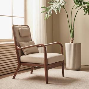 黑胡桃木高背椅老虎椅意式单人沙发椅轻奢客厅休闲椅子实木真皮椅