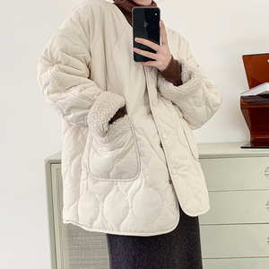 大码羊羔毛拼接棉服女冬季韩版宽松设计感小众加绒棉衣无帽外套潮