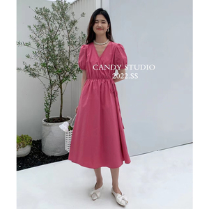 糖果candy法式v领连衣裙女夏季2022年温柔风系带收腰泡泡袖长裙子