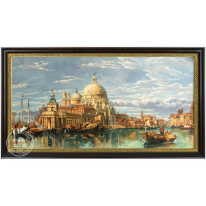威尼斯水景 美式沙发背景墙画 限量手绘油画 古典欧式风景画横幅