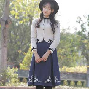 春秋季羊毛连衣裙汉服汉元素中国风复古蓝色韩版英伦风学生套装女