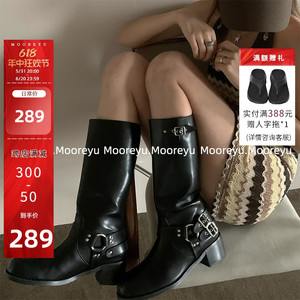 mooreyu马丁靴高跟骑士靴秋季不过膝靴子长靴女英伦风棕色高筒靴