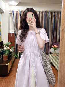「葡萄汽水」夏季新款日系风琴褶可收腰显瘦裙子女长裙紫色连衣裙