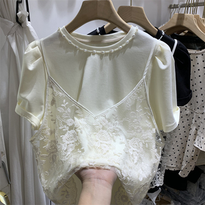 韩版订珠圆领短袖t恤吊带蕾丝衫两件套女夏季新款小个子洋气体恤