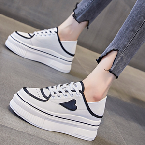 厚底板鞋女2022春秋新款真皮一脚蹬两穿踩脚女鞋松糕内增高小白鞋