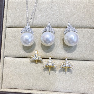 DIY珍珠配件 S925纯银冰雪女王款耳环吊坠套装珠宝空托12-14.5mm