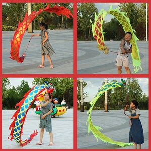 闹元宵节儿童舞龙彩带健身广场甩龙彩条空竹龙耍龙发光手舞龙飘带