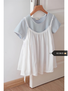大码白色蕾丝假两件娃娃衫女夏季新款设计感宽松显瘦短袖针织衬衫