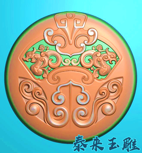 圆形仿古龙凤兽面纹仿古圆牌挂件精雕图浮雕玉雕灰度图jdpbmp雕刻