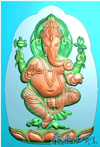 灰度玉雕图象神挂件椭圆牌木雕图精雕图四臂象鼻财神挂件大象机雕