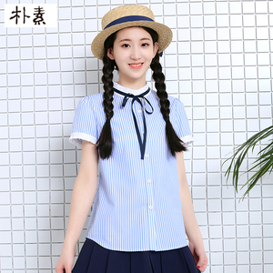 朴素初中生女夏装短袖中学生衬衫 宽松韩版百搭条纹清新纯棉衬衣