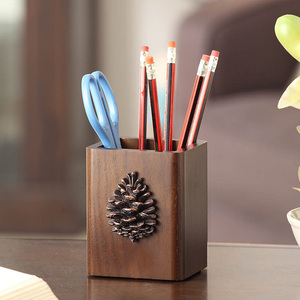 创意笔筒实木美式复古木质化妆刷桌面收纳盒办公商务送学生礼物