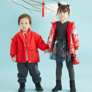 三木比迪女童外套中长款冬季女宝宝红色外套新年衣服棉服商场同款