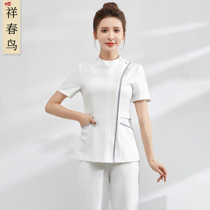 韩式医美白色护士服女款2024夏季牙科口腔药店前台工作服分体套装