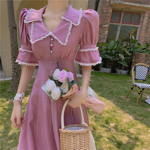 初恋系别致连衣裙女中长款蕾丝拼接超仙玫粉色裙子2022年夏季新品