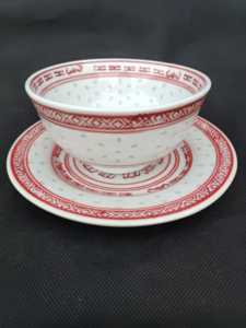 景德镇陶瓷文革老厂货青花红釉玲珑罗汉碗盘子两件套吃饭餐具菜碟