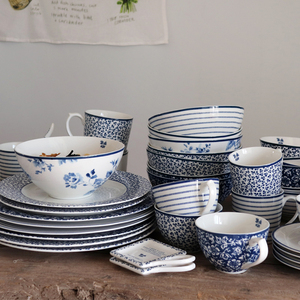 出口英国西式陶瓷餐具套装青花釉中彩家用菜盘米饭碗马克杯咖啡杯