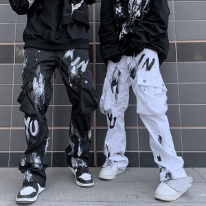 嘻哈高街做旧刷漆不规则泼墨拖地长裤街头潮流休闲运动裤工装裤男
