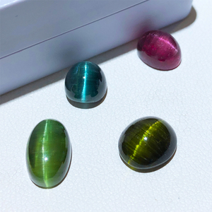 天然碧玺猫眼戒面裸石绿色蓝色粉色素面宝石镶嵌18k金银戒指吊坠