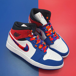 eve适配1mid刺绣拼接彩钩aj1白蓝红拼接中帮球鞋带