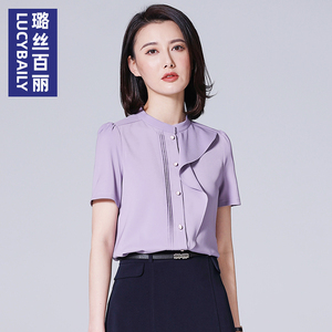 紫色立领短袖雪纺衬衫女2024夏季新款时尚透气高级设计感职业小衫