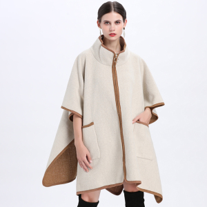 欧美大码宽松七分袖立领双面斗篷披肩女披风外套拉链口袋针织开衫