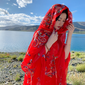 新疆西藏旅游穿搭仿真丝花朵刺绣民族风围巾大红色披肩超大丝巾女