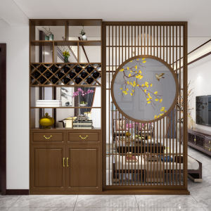 新中式屏风柜隔断玄关客厅进门入户挡煞实木酒柜一体双面镂空装饰
