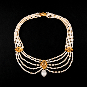 独角鹿西洋古董珠宝首饰拿破仑三世时期黄金镶嵌黄水晶珍珠项链