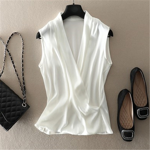 气质v领无袖缎面真丝上衣女挂脖内搭交叉领衬衣重磅桑蚕丝衬衫夏
