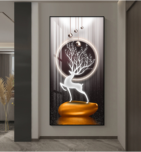 现代玄关装饰画时尚抽象晶瓷竖版入户走廊过道挂画麋鹿背景墙壁画