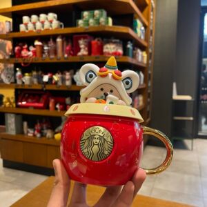 2021牛年星巴克杯子生肖舞狮打鼓小熊铜章陶瓷马克杯带盖咖啡杯