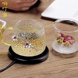 玻璃茶杯女花茶杯高硼硅水杯茶水分离带盖锤纹泡茶杯日式梅花杯子