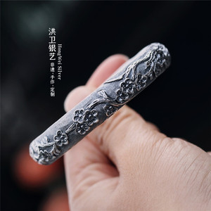 雪花银新华村洪卫银艺 999足银手工雕刻梅花复古手镯送妈妈奶奶