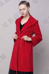 亦谷女装冬季红色97.4羊毛中长款系腰带毛呢大衣外套39313B7103