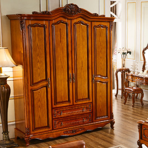 欧雅家居欧式衣柜 美式实木雕花卧室衣橱四门大衣柜新款