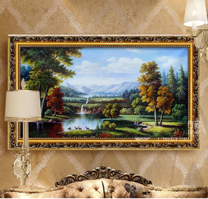 纯手工绘欧式油画山水树林风景定制客厅沙发背景挂画聚宝盆装饰画