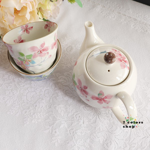 现货日本进口美浓烧和蓝陶瓷繁花茶壶茶杯茶具套装新婚礼物