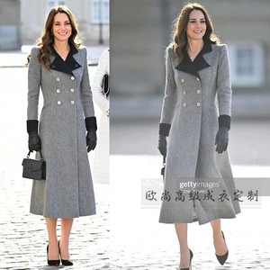 高级定制凯特王妃同款灰色双排扣羊绒羊毛大衣外套拼色修身通勤OL