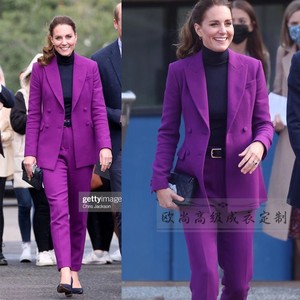 高级定制凯特王妃同款九分裤双排扣紫红色西装套装女修身显瘦干练