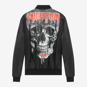 现货PHILIPP PLEIN PP新品骷髅图案字母刺绣羊皮男皮夹克外套皮衣