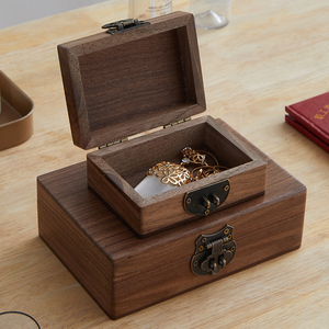 实木复古小木盒长方形首饰收纳盒收藏证件盒带锁木质黑胡桃木盒子
