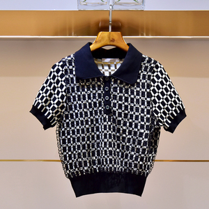 妃语卓雅时尚亮片格子短袖t恤夏季薄款轻熟风修身短