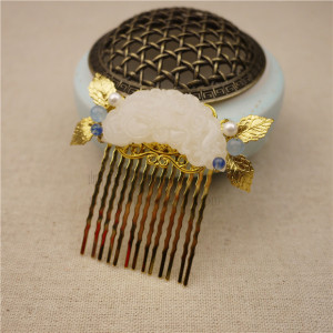 古风汉服古装拍摄cos白玉珍珠唐风发梳梳篦头饰金色13齿发簪簪子