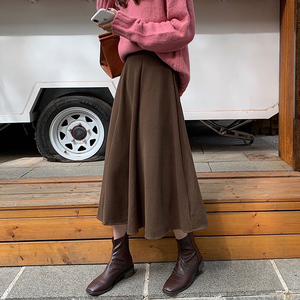 咖啡色半身裙女高腰2021秋冬天配毛衣中长款a字棕色百褶毛呢伞裙