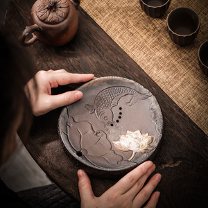 陶瓷壶承鎏金干泡盘日式蓄水式茶台家用茶壶垫复古储水式功夫茶盘