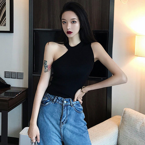港风复古chic紧身漏锁骨上衣夏季性感短款露半肩无袖t恤女打底衫