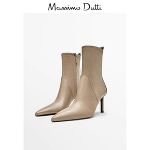 MassimoDuti女鞋秋季新款驼色真皮尖头高跟鞋细跟踝靴侧拉链短靴