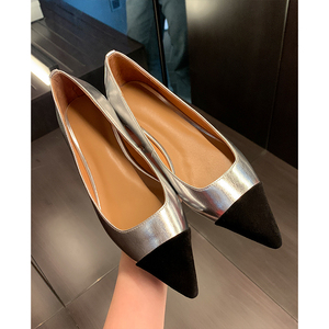 cordini 显白白~~银色小香风平底尖头船鞋女浅口瓢鞋拼色真皮单鞋