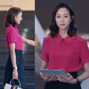 温暖的弦张钧宁同款甯衣服女夏玫红色雪纺衬衫高腰a